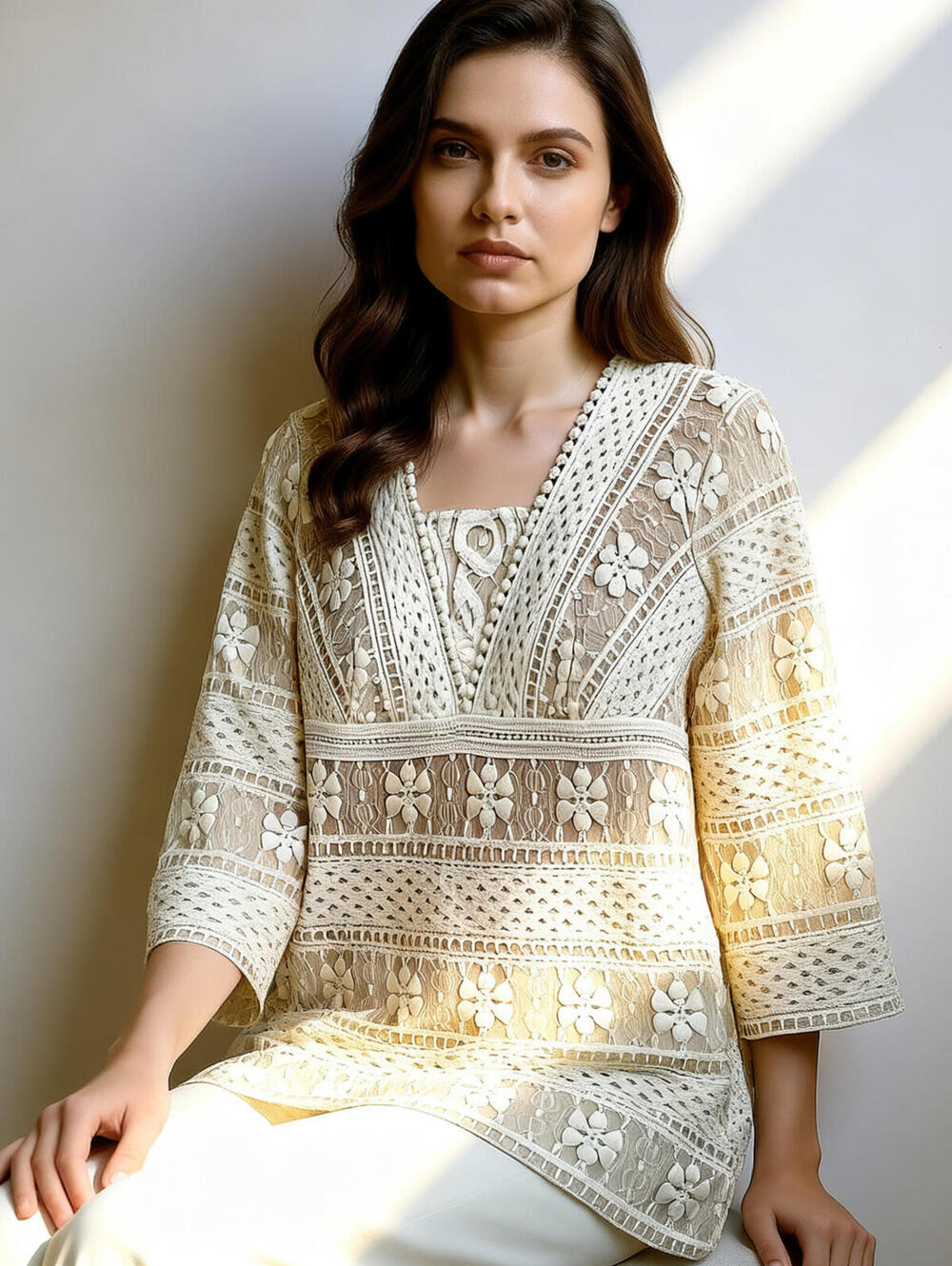 Ivory Floral Lace Boho Tunic Blouse - 3/4 Bell Sleeve Crochet Top Large